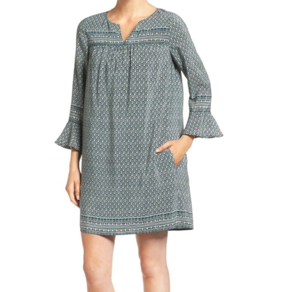 Madewell Starland Bell Sleeve Silk Shift Dress Bandana Floral Green Size XXS